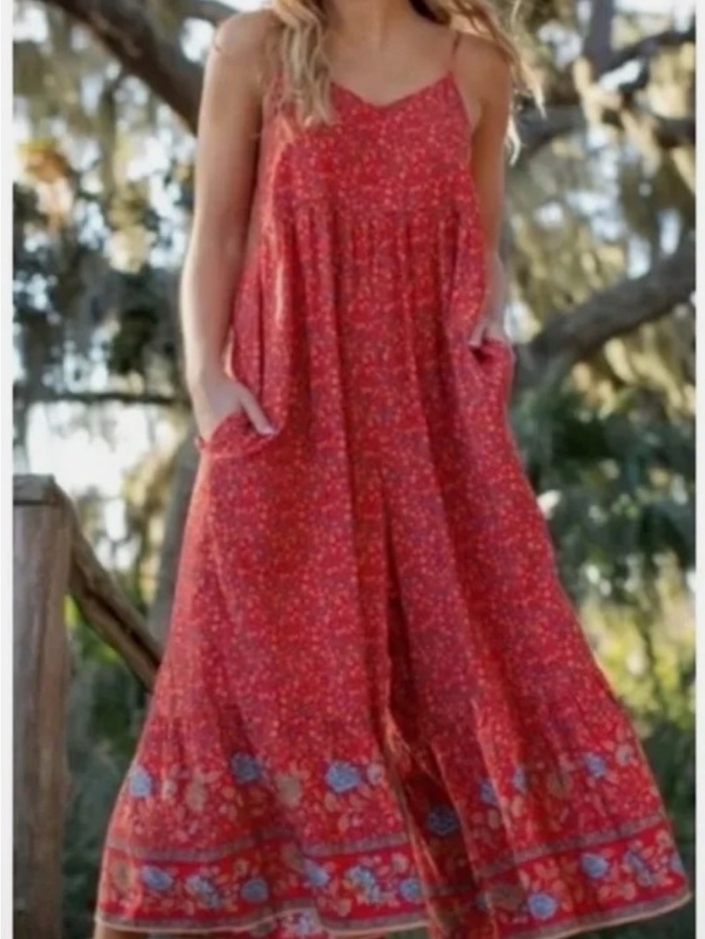 NATURAL LIFE Red & Blue Floral Wide-Leg Spaghetti-Strap Boho Jumpsuit, Size S. - Picture 2 of 14
